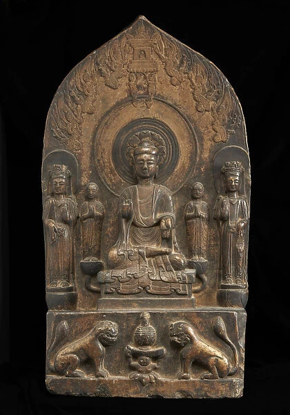 Buddhist tablet: seated central figure flanked by monk... Period of Division, 550-577