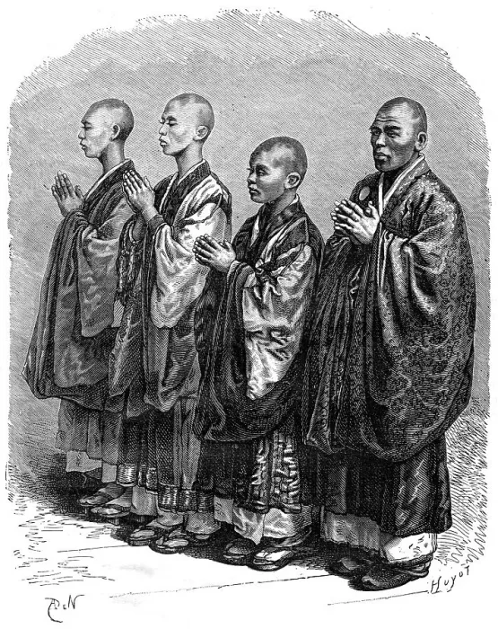 Framed Print : Buddhists in prayer, Japan, 19th century. Artist: A de Neuville Framed Print : Buddhists in prayer, Japan, 19th century. Artist: A de Neuville