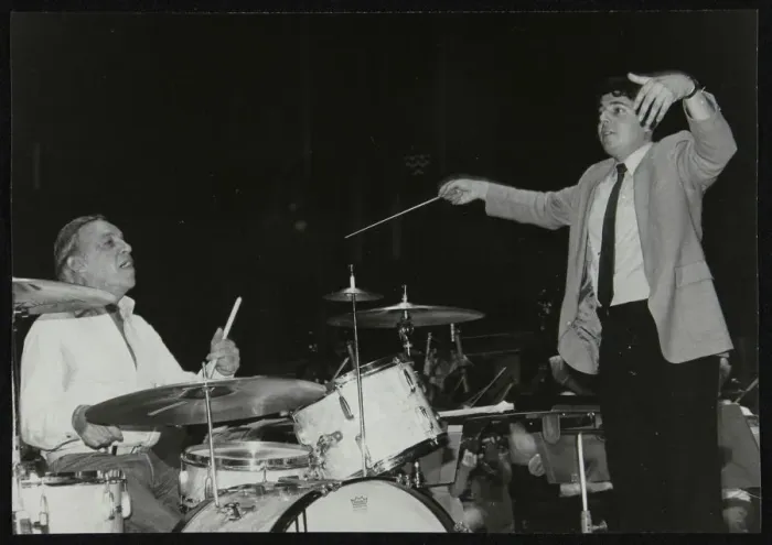 Framed Print : Buddy Rich and conductor Andrew Litton, Royal Festival Hall, London, June 1985. Artist Framed Print : Buddy Rich and conductor Andrew Litton, Royal Festival Hall, London, June 1985. Artist