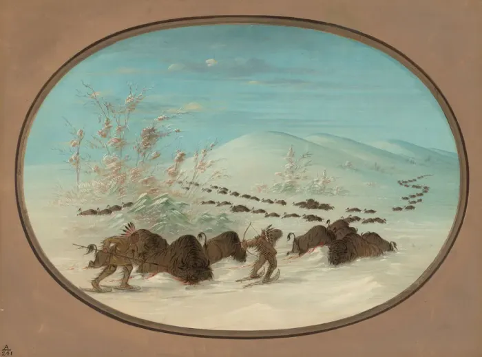 Framed Print : Buffalo Chase in the Snow Drifts - Ojibbeway, 1861 / 1869. Creator: George Catlin Framed Print : Buffalo Chase in the Snow Drifts - Ojibbeway, 1861 / 1869. Creator: George Catlin