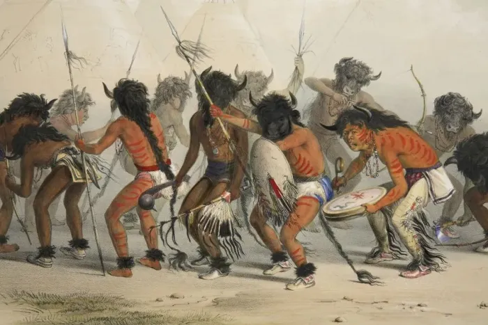 Framed Print : Buffalo Dance (detail), pub. 1845 (colour lithograph). Creator: George Catlin (1796 - 1872) Framed Print : Buffalo Dance (detail), pub. 1845 (colour lithograph). Creator: George Catlin (1796 - 1872)