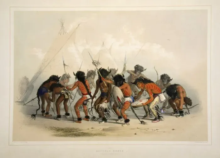 Framed Print : Buffalo Dance, pub. 1845 (colour lithograph). Creator: George Catlin (1796 - 1872) Framed Print : Buffalo Dance, pub. 1845 (colour lithograph). Creator: George Catlin (1796 - 1872)