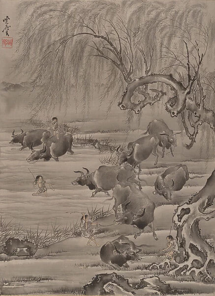 Buffalo and Herdsman, ca. 1887. Creator: Kawanabe Kyosai