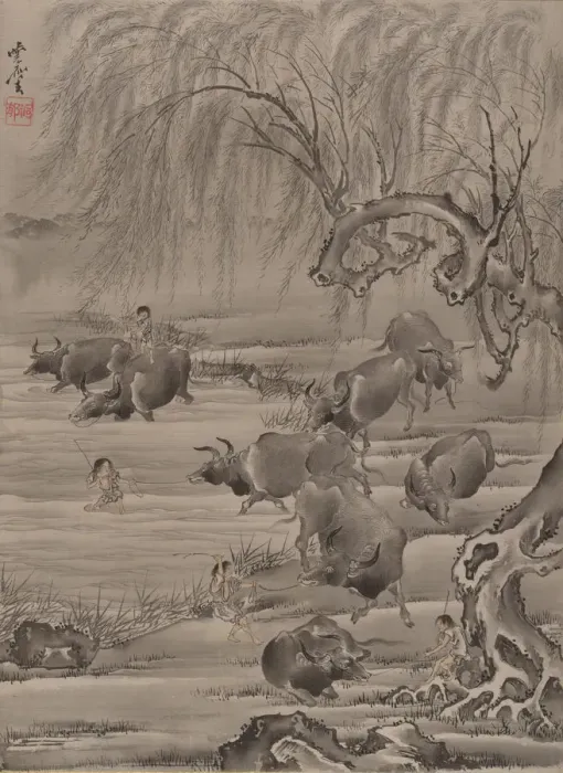 Framed Print : Buffalo and Herdsman, ca. 1887. Creator: Kawanabe Kyosai Framed Print : Buffalo and Herdsman, ca. 1887. Creator: Kawanabe Kyosai