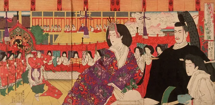 Framed Print : Bugaku Performance at the Imperial Palace during Hinamatsuri, 19th century. Creator: Tsukioka Yoshitoshi Framed Print : Bugaku Performance at the Imperial Palace during Hinamatsuri, 19th century. Creator: Tsukioka Yoshitoshi
