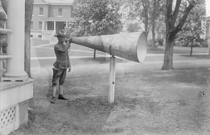 Framed Print : Bugle Megaphone, Fort Totten, 3 Jul 1917. Creator: Bain News Service Framed Print : Bugle Megaphone, Fort Totten, 3 Jul 1917. Creator: Bain News Service