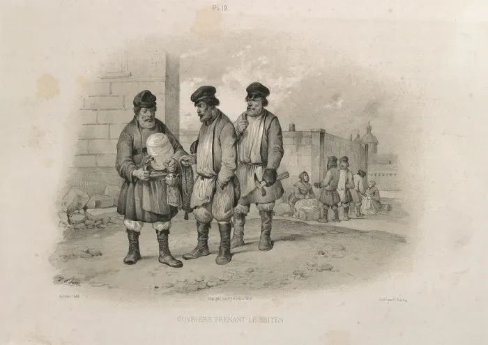 Framed Print : Builders drinking Sbiten (From: The Construction of the Saint Isaacs Cathedral), 1845. Artist: Montferrand, Auguste, de (1786-1858) Framed Print : Builders drinking Sbiten (From: The Construction of the Saint Isaacs Cathedral), 1845. Artist: Montferrand, Auguste, de (1786-1858)