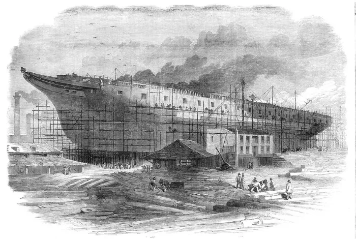 Framed Print : Building the great steam-frigate Warrior at the Thames Ironworks, Blackwall, 1860. Creator: Smyth. Building the great steam-frigate Warrior at the Thames Ironworks, Blackwall, 1860. Creator: Smyth