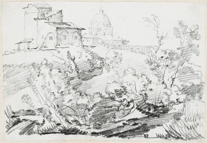 Framed Print : A Building on a Hill with Saint Peter's in the Distance, 1744 / 1750. Creator: Joseph-Marie Vien the Elder Framed Print : A Building on a Hill with Saint Peter's in the Distance, 1744 / 1750. Creator: Joseph-Marie Vien the Elder