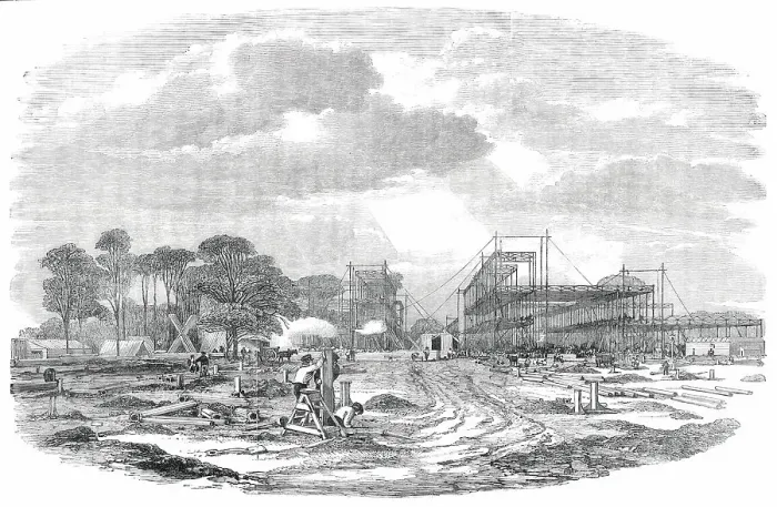 Framed Print : The Building in Hyde Park for the Great Exhibition of 1851 - General View of the Works, 1850. Creator: Unknown Framed Print : The Building in Hyde Park for the Great Exhibition of 1851 - General View of the Works, 1850. Creator: Unknown