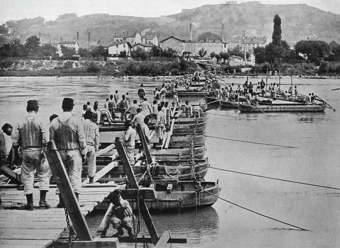 Framed Print : Building a pontoon bridge over a French stream, 1915 Framed Print : Building a pontoon bridge over a French stream, 1915