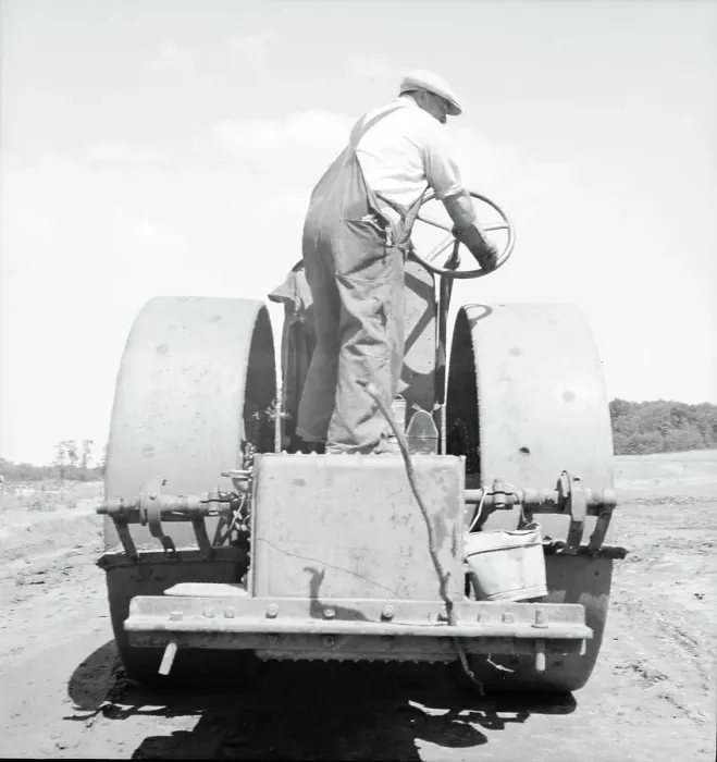 Framed Print : Building the road to the community factory, Hightstown, New Jersey, 1936. Creator: Dorothea Lange