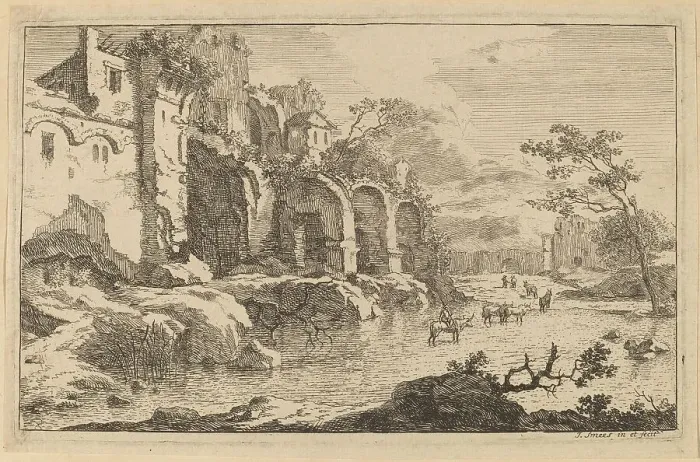 Framed Print : Building in Ruins at the Side of a River. Creator: Jan Smees Framed Print : Building in Ruins at the Side of a River. Creator: Jan Smees