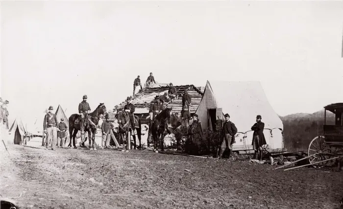 Framed Print : Building Winter Quarters, 1861-65. Creator: Unknown Framed Print : Building Winter Quarters, 1861-65. Creator: Unknown