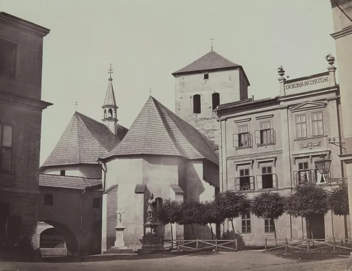 Framed Print : Three buildings erected very close to each other, Rothenburg Ob Der Tauber [?], 1890-1900. Creator: Unknown