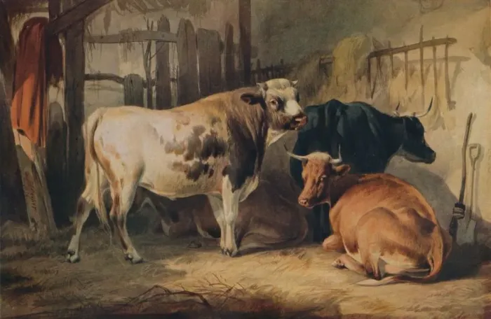 Framed Print : A Bull and three Cows in a Stable, c1856. Artist: Thomas Sidney Cooper Framed Print : A Bull and three Cows in a Stable, c1856. Artist: Thomas Sidney Cooper