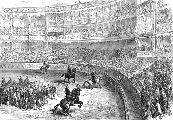 Framed Print : A bull-fight at Lisbon: the performers saluting the audience, 1874. Creator: Unknown Framed Print : A bull-fight at Lisbon: the performers saluting the audience, 1874. Creator: Unknown