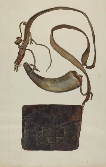 Framed Print : Bullet Pouch and Powder Horn, c. 1937. Creator: Cecil Smith Framed Print : Bullet Pouch and Powder Horn, c. 1937. Creator: Cecil Smith