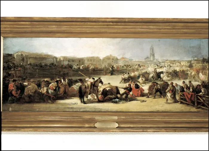 Framed Print : Bullfight in a village, oil on table Framed Print : Bullfight in a village, oil on table