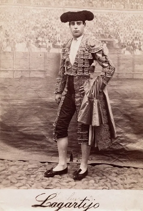 Framed Print : A bullfighter, Rafael Molina Sanchez 'Lagartijo', posing in front of a painted back... c1870s. Creator: Unknown Framed Print : A bullfighter, Rafael Molina Sanchez 'Lagartijo', posing in front of a painted back... c1870s. Creator: Unknown