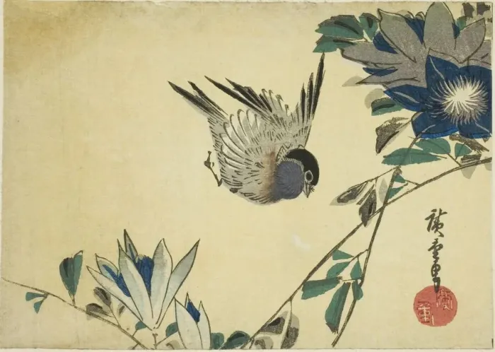 Framed Print : Bullfinch and clematis, 1830s. Creator: Ando Hiroshige Framed Print : Bullfinch and clematis, 1830s. Creator: Ando Hiroshige