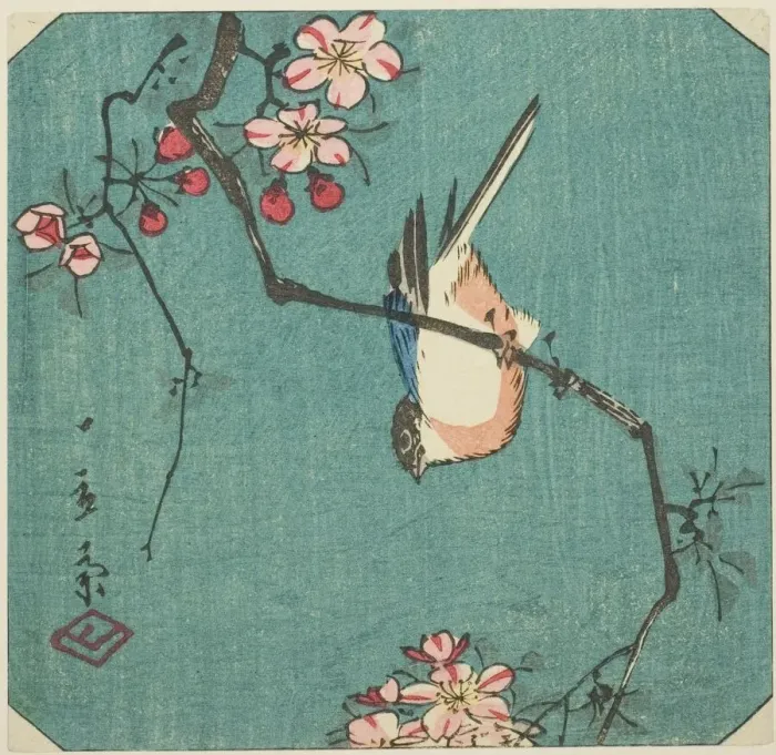 Framed Print : Bullfinch, section of an untitled harimaze print, c. 1840s. Creator: Ando Hiroshige Framed Print : Bullfinch, section of an untitled harimaze print, c. 1840s. Creator: Ando Hiroshige
