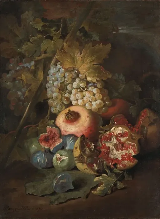 Framed Print : Bunches of Grapes, Pomegranates and Figs in a Landscape, 1670. Creator: Abraham Brueghel Framed Print : Bunches of Grapes, Pomegranates and Figs in a Landscape, 1670. Creator: Abraham Brueghel