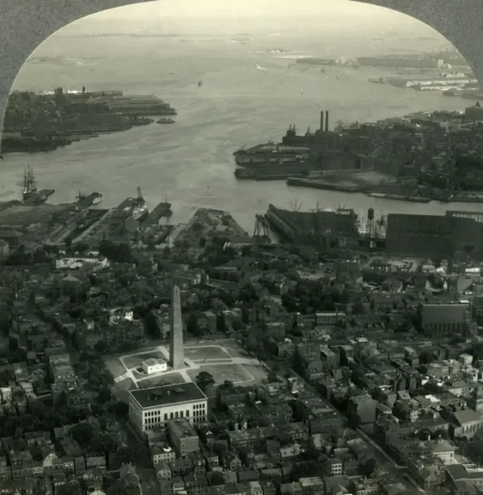 Framed Print : Bunker Hill Monument and Boston Harbor from the Air, Boston, Mass. c1930s. Creator: Unknown Framed Print : Bunker Hill Monument and Boston Harbor from the Air, Boston, Mass. c1930s. Creator: Unknown