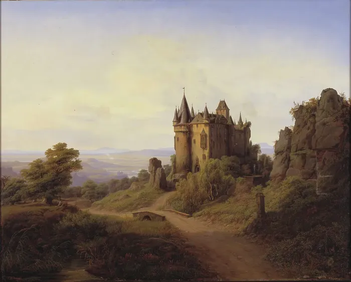 Framed Print : Büresheim [sic] Castle on the Eifel River, 1838. Creator: Frederik Hansen Sodring