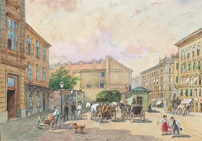 Framed Print : The Burggassen line in Vienna (corner of Kaiserstrasse and Burggasse), 1891. Creator: Franz Reinhold Framed Print : The Burggassen line in Vienna (corner of Kaiserstrasse and Burggasse), 1891. Creator: Franz Reinhold