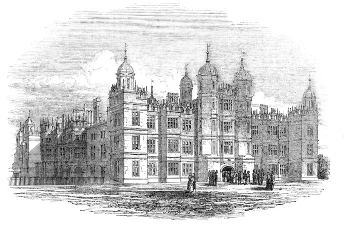 Framed Print : Burghley House - north front, 1844. Creator: W. J. Linton Framed Print : Burghley House - north front, 1844. Creator: W. J. Linton