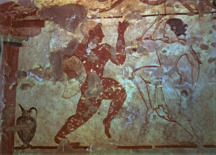 Framed Print : Burial chamber of the necropolis of Tarquinia, mural painting representing two dancers Framed Print : Burial chamber of the necropolis of Tarquinia, mural painting representing two dancers