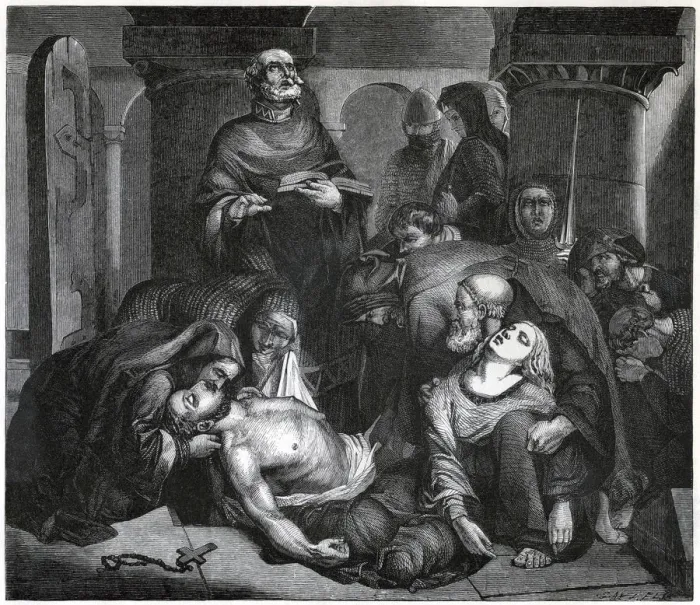Framed Print : The Burial of Harold at Waltham Abbey, (1847). Artist: Frederick Richard Pickersgill Framed Print : The Burial of Harold at Waltham Abbey, (1847). Artist: Frederick Richard Pickersgill