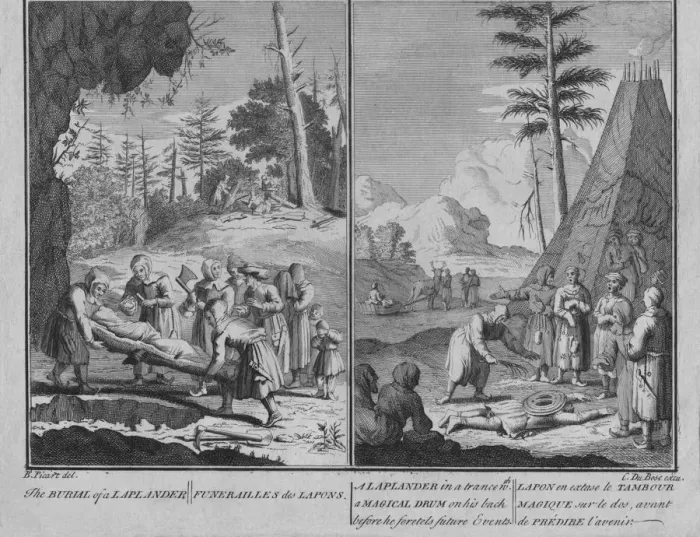 Framed Print : Burial of a Laplander / A Laplander in a trance with a magical drum on his back before he forete Artist: Claude Dubosc Framed Print : Burial of a Laplander / A Laplander in a trance with a magical drum on his back before he forete Artist: Claude Dubosc