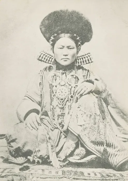 Framed Print : A Buriat Woman Sitting in the Honorable Pose, 1904-1917. Creator: Unknown Framed Print : A Buriat Woman Sitting in the Honorable Pose, 1904-1917. Creator: Unknown