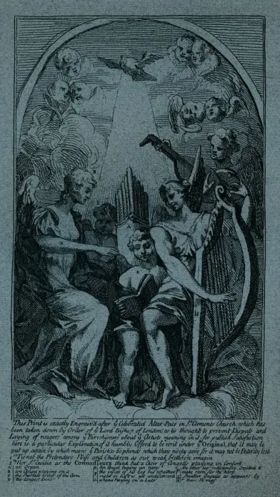 Framed Print : Burlesque on Kents Altarpiece at St Clement Danes, c1725. Artist: William Hogarth Framed Print : Burlesque on Kents Altarpiece at St Clement Danes, c1725. Artist: William Hogarth