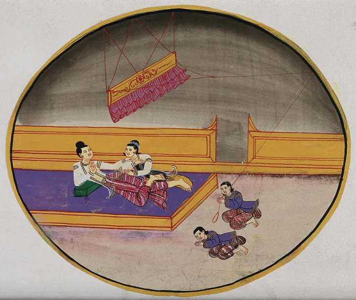 Framed Print : Burma: two figures reclining on a bed in a palace, while one servant swings... between 1800 & 1899. Creator: Unknown Framed Print : Burma: two figures reclining on a bed in a palace, while one servant swings... between 1800 & 1899. Creator: Unknown