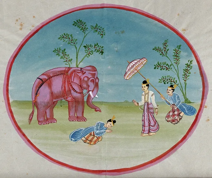 Framed Print : Burma: a lady attended by a servant bringing an elephant and another... between 1800 and 1899. Creator: Unknown Framed Print : Burma: a lady attended by a servant bringing an elephant and another... between 1800 and 1899. Creator: Unknown