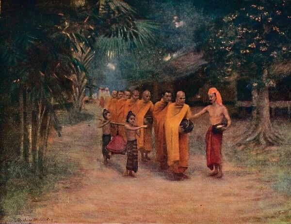 Burmese Monks Begging in a Village - Early Morning, 1913. Artist: James Raeburn Middleton