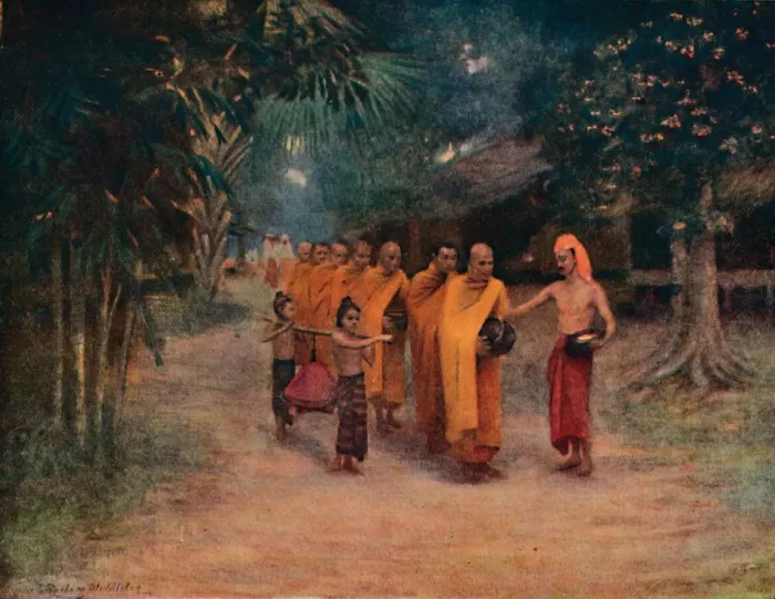 Framed Print : Burmese Monks Begging in a Village - Early Morning, 1913. Artist: James Raeburn Middleton Framed Print : Burmese Monks Begging in a Village - Early Morning, 1913. Artist: James Raeburn Middleton
