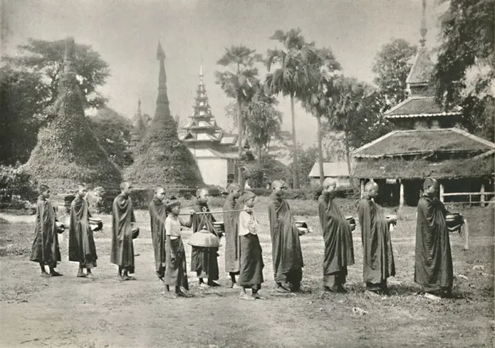 Framed Print : Burmese Phoongyies Collecting Alms, 1900. Creator: Unknown Framed Print : Burmese Phoongyies Collecting Alms, 1900. Creator: Unknown