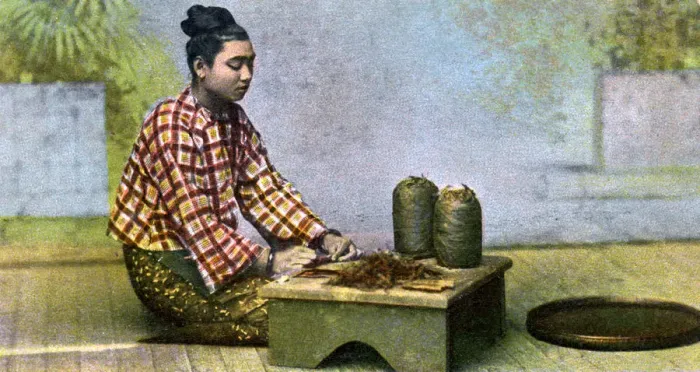 Framed Print : A Burmese woman making cigars, c1900s