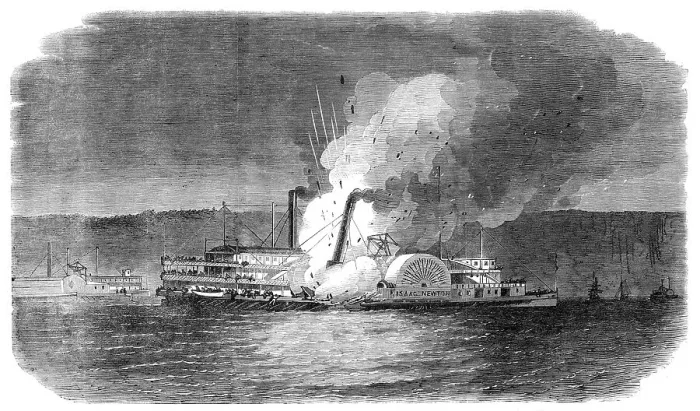 Framed Print : Burning of the American river steamer Isaac Newton on her way from New York to Albany, 1864. Creator: Unknown Framed Print : Burning of the American river steamer Isaac Newton on her way from New York to Albany, 1864. Creator: Unknown