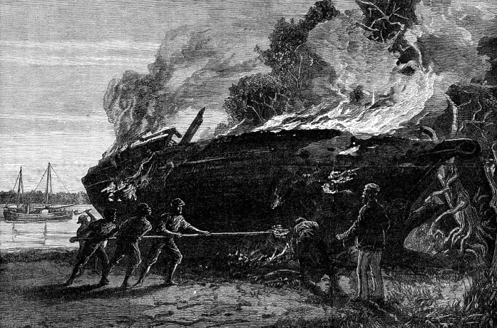 Framed Print : Burning a condemned slave dhow at Funzi, Pemba Island, 1881. Creator: Unknown Framed Print : Burning a condemned slave dhow at Funzi, Pemba Island, 1881. Creator: Unknown