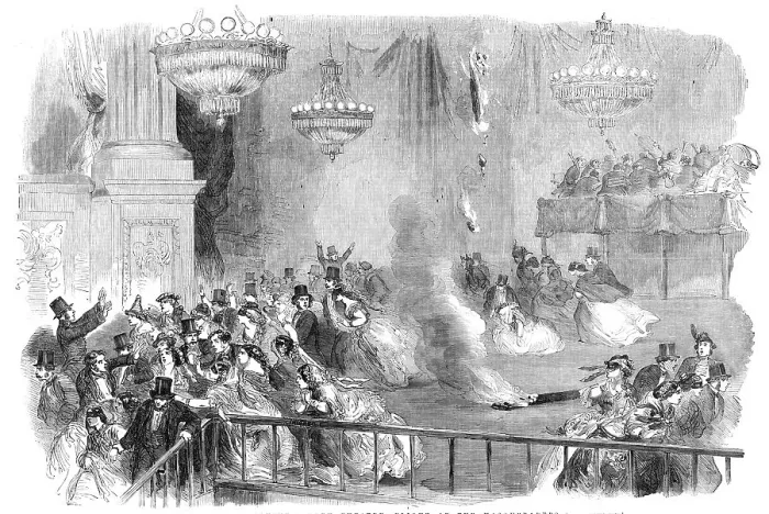 Framed Print : The Burning of Covent-Garden Theatre - Flight of the Masqueraders, 1856. Creator: Unknown Framed Print : The Burning of Covent-Garden Theatre - Flight of the Masqueraders, 1856. Creator: Unknown