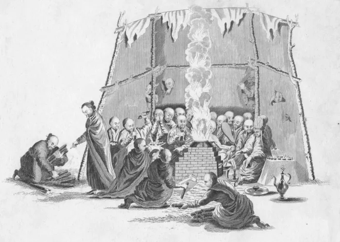 Framed Print : Burning the dead body of a Lama, c1802. Creator: Unknown