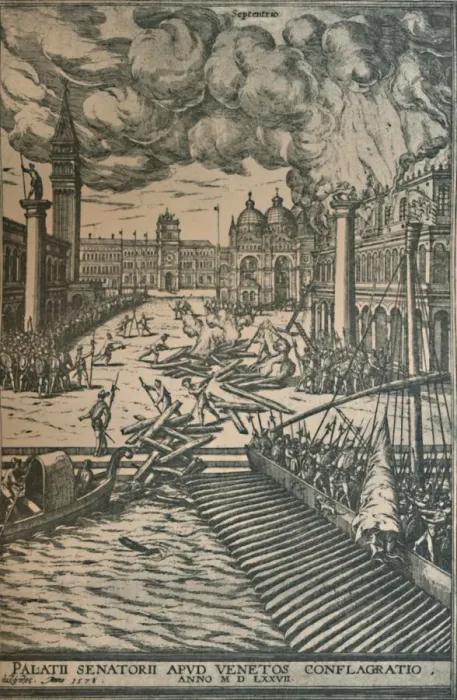 Framed Print : The Burning of the Doges Palace, 1578, (1925). Creator: Joris Hoefnagel Framed Print : The Burning of the Doges Palace, 1578, (1925). Creator: Joris Hoefnagel