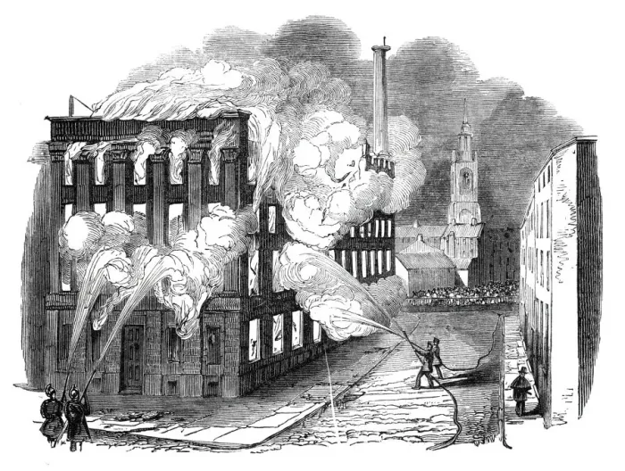 Framed Print : Burning of Irwell Buildings, Manchester, 1844. Creator: Unknown Framed Print : Burning of Irwell Buildings, Manchester, 1844. Creator: Unknown