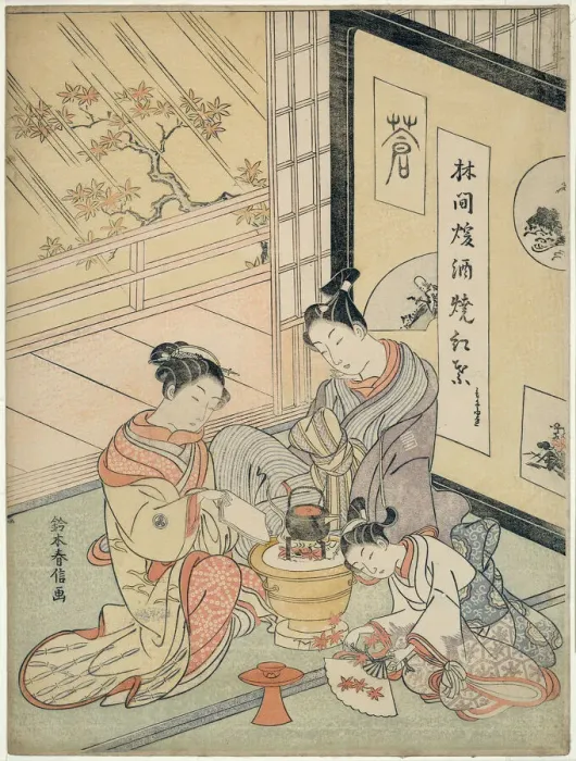 Framed Print : Burning Maple Leaves to Heat Sake, c. 1768. Creator: Suzuki Harunobu Framed Print : Burning Maple Leaves to Heat Sake, c. 1768. Creator: Suzuki Harunobu