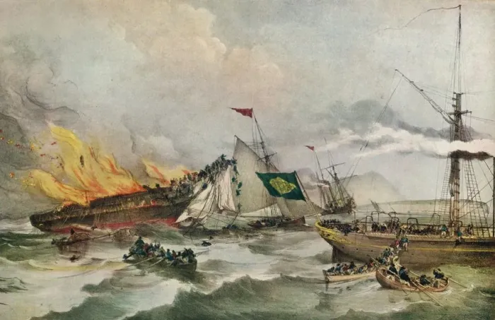 Framed Print : The Burning of the Ocean Monarch, c1848. Artist: Francois d Orleans, Prince de Joinville Framed Print : The Burning of the Ocean Monarch, c1848. Artist: Francois d Orleans, Prince de Joinville
